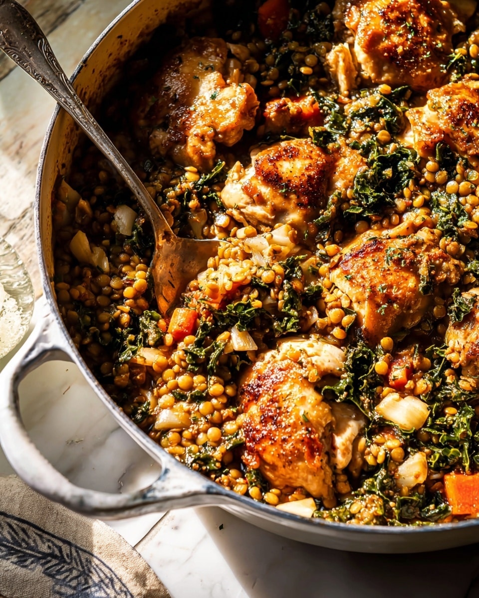 A close-up of a white pot filled with cooked chicken pieces, showing a golden-brown color and moist texture, mixed with layers of small round yellow lentils, dark green leafy kale, and small orange carrot chunks scattered throughout. The chicken pieces sit on top and are partially covered by the grains and vegetables, creating a rich mix of colors and textures. A silver spoon is partly buried inside the dish, resting on the food. The pot sits on a white marbled surface with bright natural light highlighting the food. Photo taken with an iphone --ar 4:5 --v 7