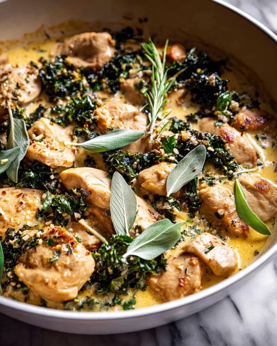 The image shows a white skillet filled with a creamy chicken dish. The dish has several chunks of light brown cooked chicken scattered evenly. Among the chicken pieces, there are dark green kale leaves adding color and texture. The creamy sauce is light yellow with a smooth texture, filling the bottom of the skillet and coating the chicken and kale. Small bits of herbs and grains are sprinkled on top, enhancing the dish’s look. Fresh green sage leaves are placed on the surface for garnish. Steam rises gently, showing the food is hot. The skillet rests on a white marbled surface. Photo taken with an iphone --ar 4:5 --v 7