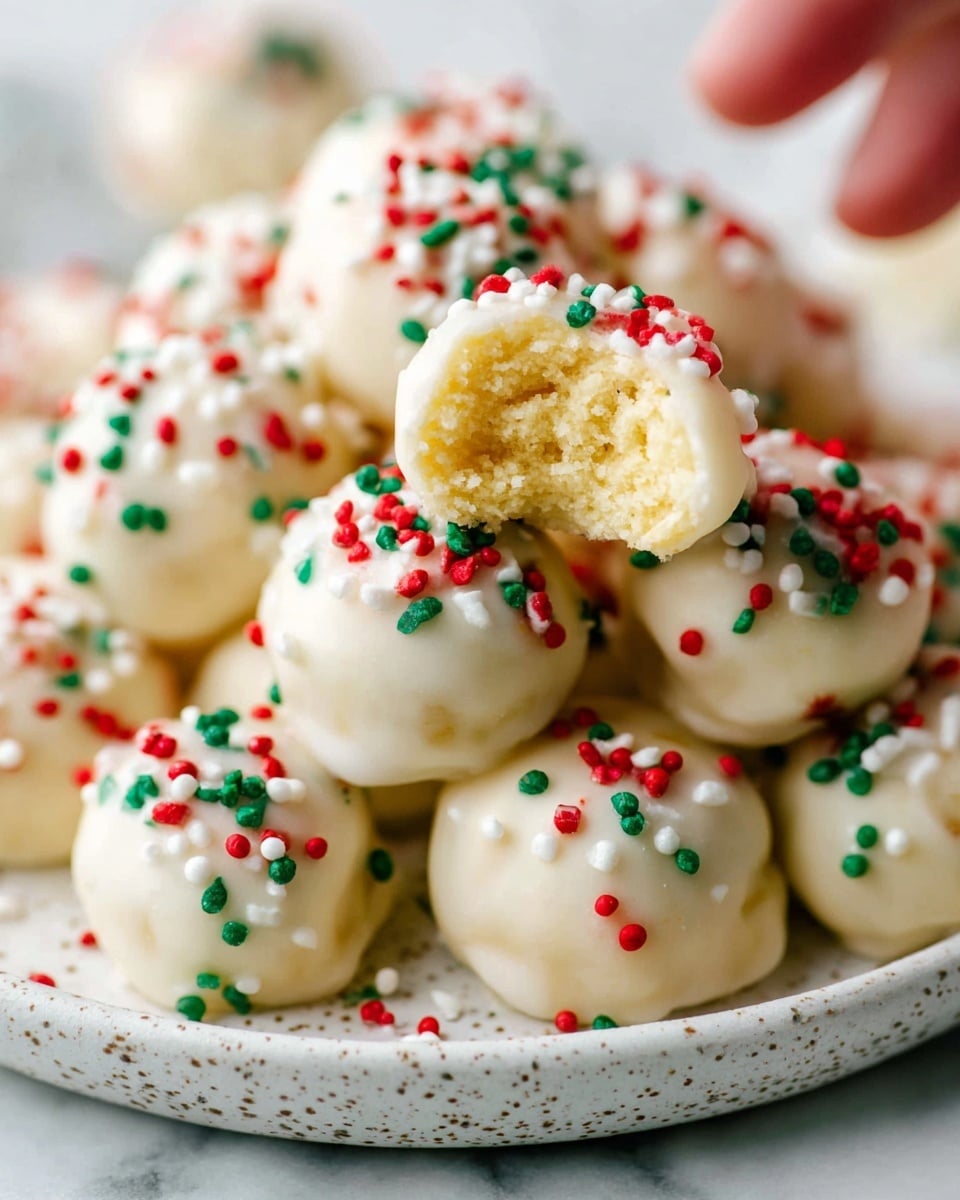 A close-up view of creamy white small round balls, each fully coated in smooth, shiny white icing and decorated with tiny, colorful sprinkles in red, green, white, and dark green scattered on the surface. One ball is held up to show a soft, crumbly yellow inside with a woman’s hand partially visible. The balls rest piled on a white speckled round plate, all set on a white marbled textured surface. photo taken with an iphone --ar 4:5 --v 7