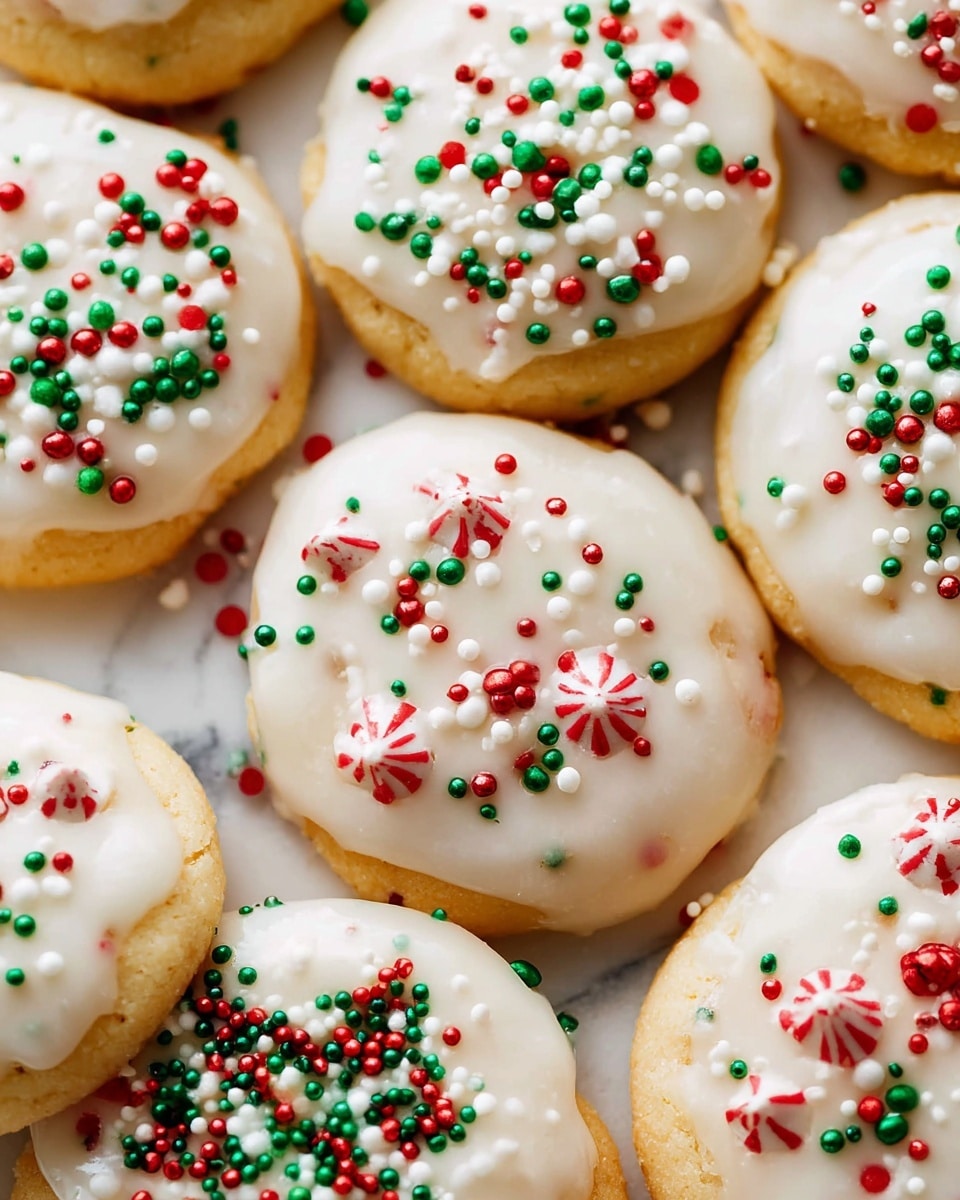 The image shows a close-up view of round cookies arranged closely together on a white marbled surface. Each cookie has two visible layers: a soft, light golden-brown base and a smooth white icing layer on top. The icing is thick and glossy, covering the whole top surface of each cookie. Different sprinkles decorate the cookies, varying in shape and color: some have small red, green, and white round confetti sprinkles scattered across them, others have tiny red, white, and green spherical sprinkles, and one cookie has small red and white Christmas tree-shaped sprinkles. The cookies appear soft and moist, with the icing slightly dripping down the sides. Photo taken with an iphone --ar 4:5 --v 7