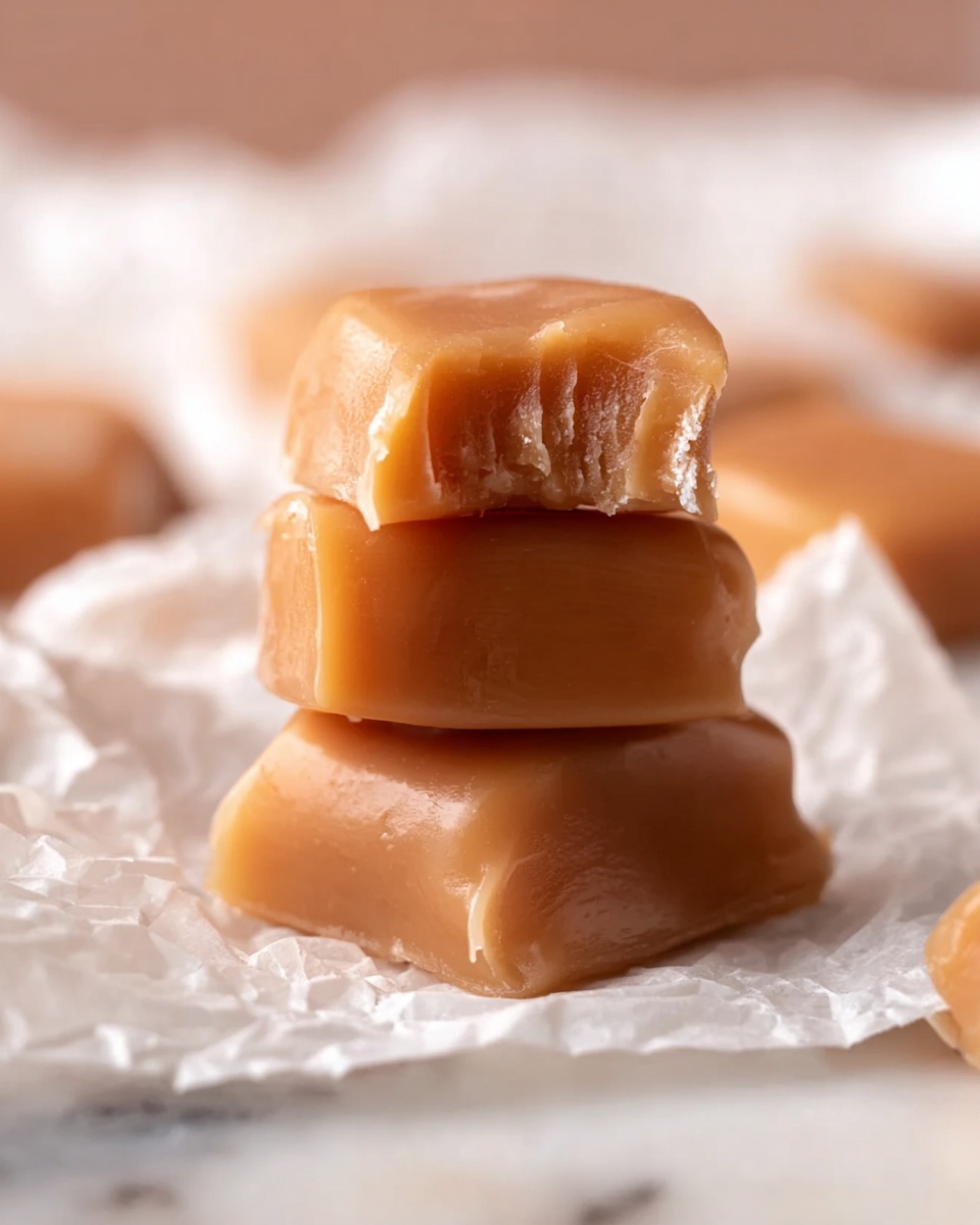 A close-up image shows a stack of three soft caramel pieces placed on crinkled white parchment paper over a white marbled surface. The caramels are light brown with a smooth, glossy texture that looks soft and chewy. The top caramel has a bite taken out of the corner, revealing a consistent, slightly sticky inside. The background is softly blurred, focusing all attention on the rich caramel stack in the center. photo taken with an iphone --ar 4:5 --v 7