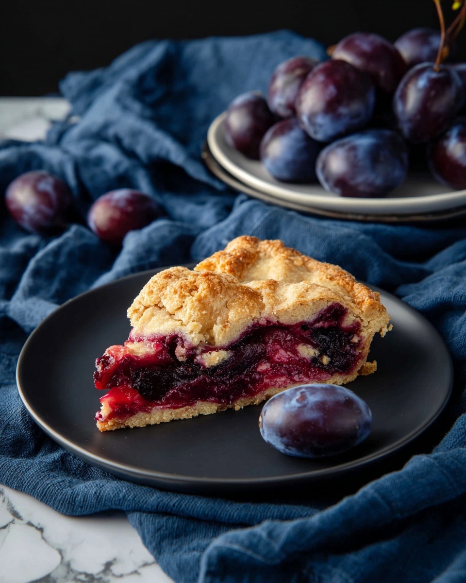A slice of plum pie with three visible layers is placed on a dark plate: the bottom crust is light golden brown and crumbly, the middle filling is a vibrant dark red-purple with small chunks of plum, and the top layer is a golden, slightly uneven baked crust with browned spots. A single dark purple plum lies next to the slice on the plate. In the background, more dark purple plums are piled on a white plate, and both plates rest on a wrinkled deep blue cloth on a white marbled surface. Photo taken with an iphone --ar 4:5 --v 7