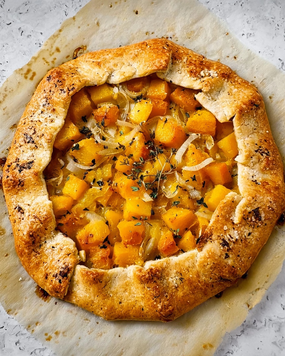 The image shows a single-layer round galette with a folded, golden-brown crust forming a thick ring around the edge. The inside is filled with cooked golden-yellow cubed butternut squash mixed with thin, translucent white onion slices, dotted with small bits of herbs. The crust has a slightly uneven, rustic texture with some darker baked spots. The galette sits directly on a parchment paper over a white marbled surface. Photo taken with an iphone --ar 4:5 --v 7