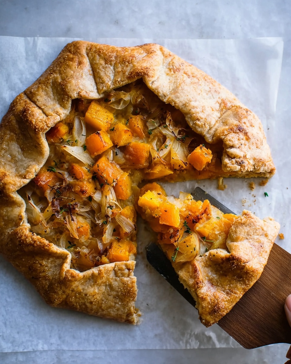 A rustic galette with a thick, golden-brown crust folded unevenly around a filling sits on white parchment over a white marbled surface; the filling has a layer of orange cubed butternut squash mixed with thinly sliced pale yellow onions and a light sprinkling of herbs, with the crust showing a slightly flaky texture and a warm, toasted color. The slice is being lifted gently by a wooden spatula, showing the contrast between the crunchy crust and soft, colorful filling. Photo taken with an iphone --ar 4:5 --v 7