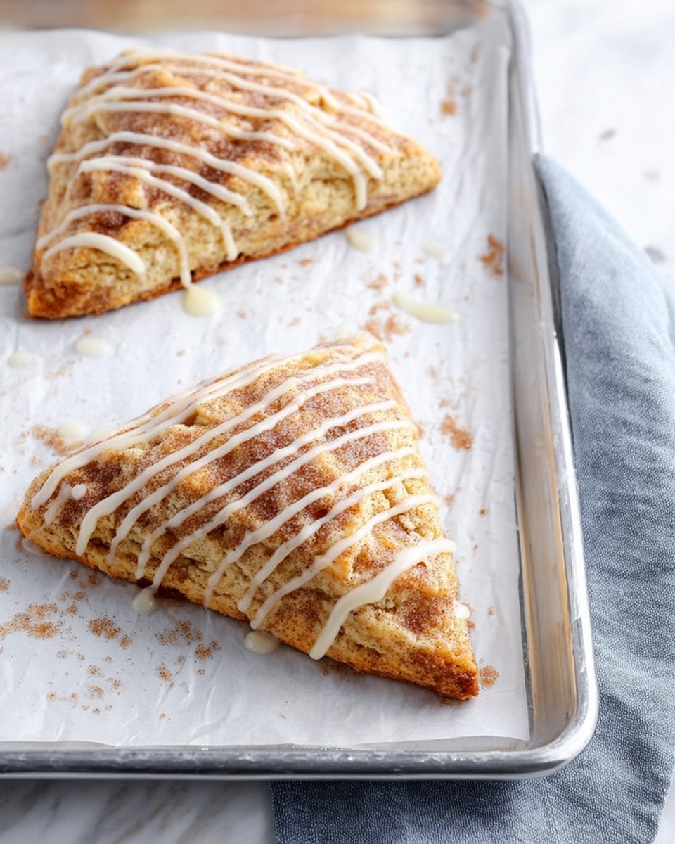 The image shows two triangular scones on a white parchment-lined baking tray with a silver edge. Each scone has a golden-brown top with a rough and crumbly texture, dusted with cinnamon sugar, and is drizzled with thin white icing in diagonal lines. There are faint crumbs around the scones and light cinnamon powder sprinkled nearby. On the right side of the tray, a soft blue-gray cloth napkin is partially visible. The background is a white marbled texture. photo taken with an iphone --ar 4:5 --v 7