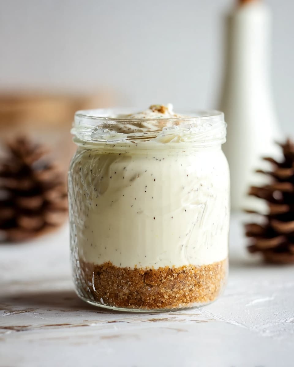 A clear glass jar mug filled with two visible layers: the bottom layer is a crumbly light brown crust with a slightly rough texture, and the top layer is a thick, creamy white filling with tiny black specks, smooth and dense. The jar is set on a white marbled surface, with a blurred pinecone and white jar in the soft background. The light is soft and natural, highlighting the creamy texture and crumbly base of the dessert. photo taken with an iphone --ar 4:5 --v 7