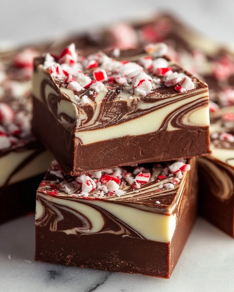 The image shows a close-up of square chocolate fudge pieces with a creamy swirl pattern of dark and white chocolate layers, about two distinct layers blending smoothly inside each piece. The top layer is dark chocolate with crushed white and red peppermint candy pieces scattered on it, adding a rough texture. The fudge has clean edges and sits on a white marbled surface. One piece is stacked on top of another, showing a bite taken out of the upper piece to reveal the creamy swirl inside. photo taken with an iphone --ar 4:5 --v 7