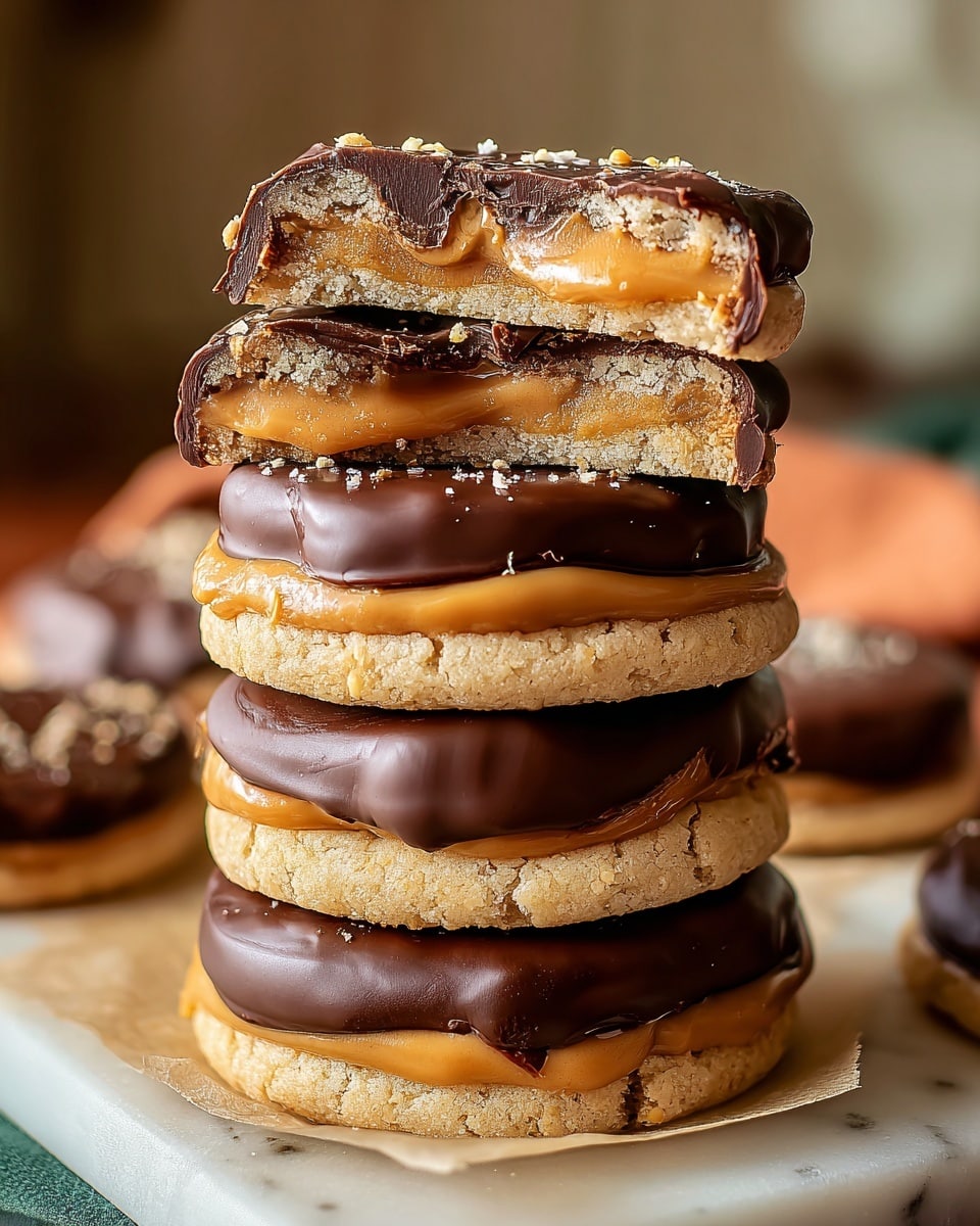 A stack of four round cookies sits on a white marbled surface, each cookie with a base layer of crumbly, pale tan cookie dough. Above the cookie base is a thick, smooth layer of golden caramel, topped by a thin layer of toasted, slightly glossy peanut butter with a creamy texture. The top of each cookie is coated with a semi-glossy, dark brown layer of chocolate that drips slightly over the edges. Two cookies on top are broken in half, showing the layers inside with clear contrast between the soft caramel, peanut butter, and crumbly base. The background is softly blurred with warm tones. Photo taken with an iphone --ar 4:5 --v 7