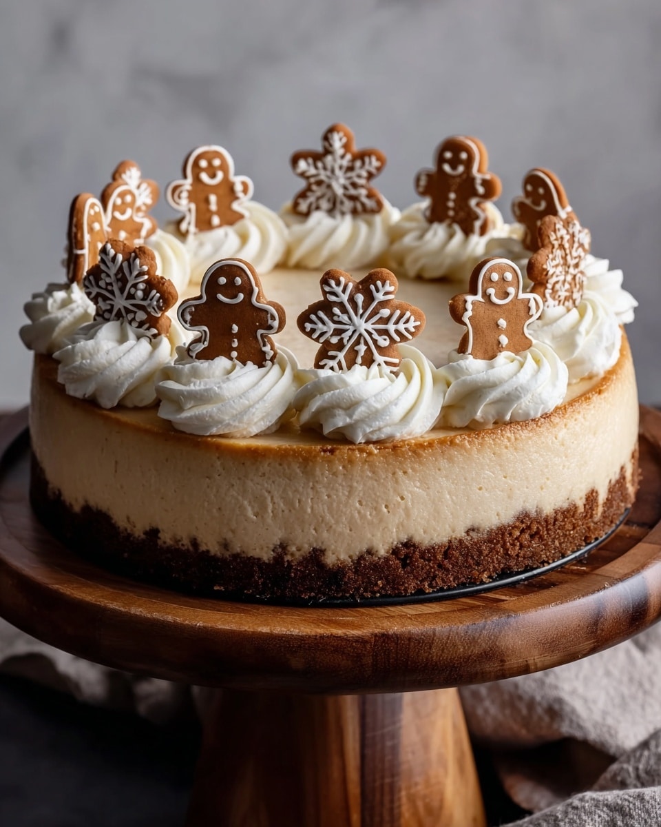 A round cheesecake with two visible layers sits on a dark wooden cake stand above a khaki cloth; the bottom layer is a thick, crumbly brown crust, and the top layer is a smooth, light tan cream cheese filling. On top of the cake, there are twelve large swirls of white whipped cream evenly spaced around the edge. Tucked into each swirl are small gingerbread men cookies decorated with white icing, each having different simple facial expressions and body designs with white icing lines and dots. The background is dark, and the photo is focused on the cake with soft lighting. Photo taken with an iphone --ar 4:5 --v 7