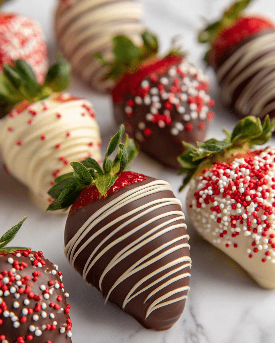 A close-up display of large strawberries covered in smooth chocolate coatings of three types: dark brown chocolate with thin chocolate drizzle lines, creamy white chocolate with matching drizzles, and bright red and white round sprinkles covering the chocolate layer. Each strawberry has its green leaf crown at the top, and the strawberries are spread on a white marbled surface, creating a clean and fresh look. The chocolate layers look thick and glossy, with a neat finish that highlights the texture of the drizzle and sprinkles. photo taken with an iphone --ar 4:5 --v 7