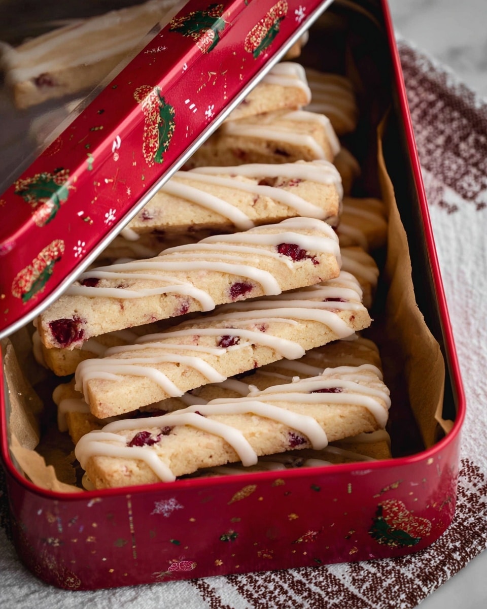 The image shows six rectangular shortbread cookies laid out in a neat row on a white marble board. Each cookie has a light beige base with small pieces of dried red and orange fruit scattered throughout. White icing is drizzled diagonally in thin lines over the top half of the cookies, creating a decorative pattern. The texture of the cookies looks soft and crumbly, with the fruit bits adding small pops of color against the pale dough. The white marble surface provides a clean and smooth backdrop that highlights the cookies. photo taken with an iphone --ar 4:5 --v 7