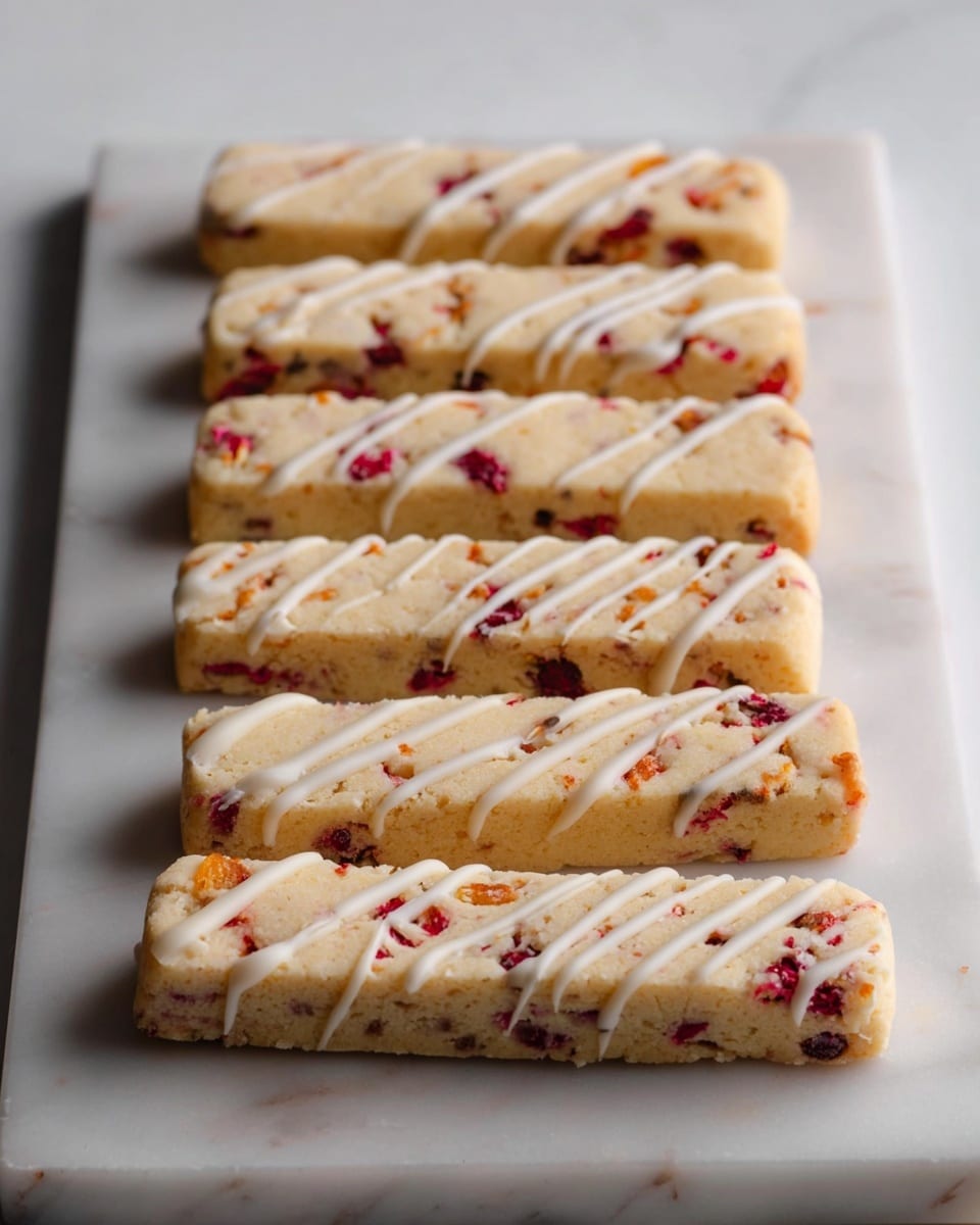 A close-up view of long rectangular cookies stacked inside a red metal tin with a clear lid decorated with Christmas designs; the cookies are light beige with small dark red fruit pieces inside, and each cookie is decorated with thin white icing drizzles diagonally across the top. The cookies are layered roughly in three levels, arranged neatly on brown parchment paper inside the tin, which rests on a white marbled surface partially covered by a white and brown patterned cloth. Photo taken with an iphone --ar 4:5 --v 7