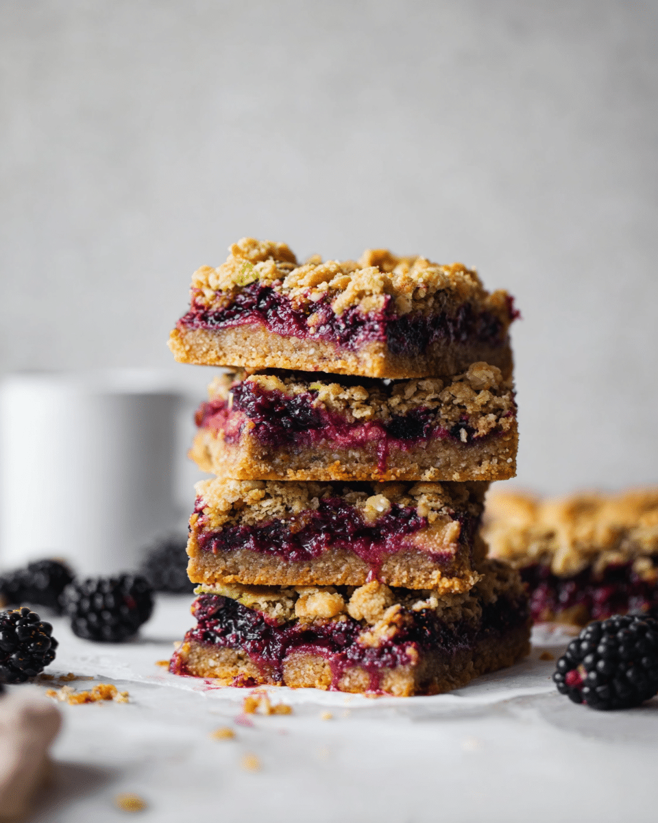 The image shows a stack of four blackberry oat bars on a white marbled surface. Each bar has three visible layers: a crumbly, light golden brown oat crust at the bottom, a middle layer filled with dark purple and red blackberries mixed with a sticky, slightly shiny texture, and a top layer of oat crumble that is golden and chunky. The bars are shot close-up, highlighting the texture of the oats and juicy berry filling. Whole blackberries are scattered around the base of the stack, and a white cup is blurred in the background against a plain light gray wall. photo taken with an iphone --ar 4:5 --v 7