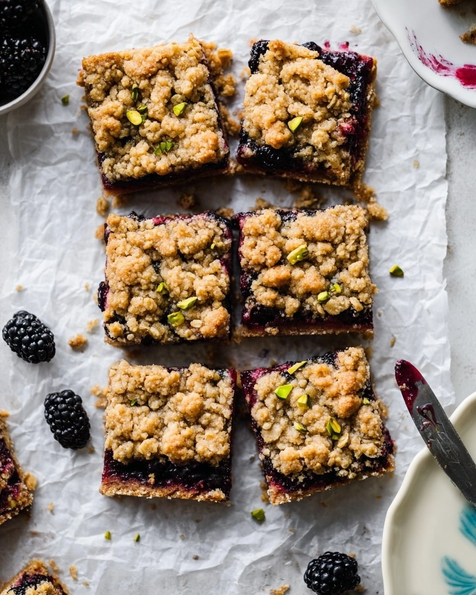 The image shows six square berry crumble bars arranged in two rows on crumpled white parchment paper that rests on a white marbled surface. Each bar has three clear layers: the bottom is a firm light brown crust, the middle layer is a dark purple berry filling that peeks out slightly from under the top, and the top is a thick, chunky crumble layer in golden brown with some pieces of oats and small green pistachio bits. There are a few whole blackberries scattered around the bars. To the right, part of a white plate with a light blue design and a knife with berry stains are visible. photo taken with an iphone --ar 4:5 --v 7