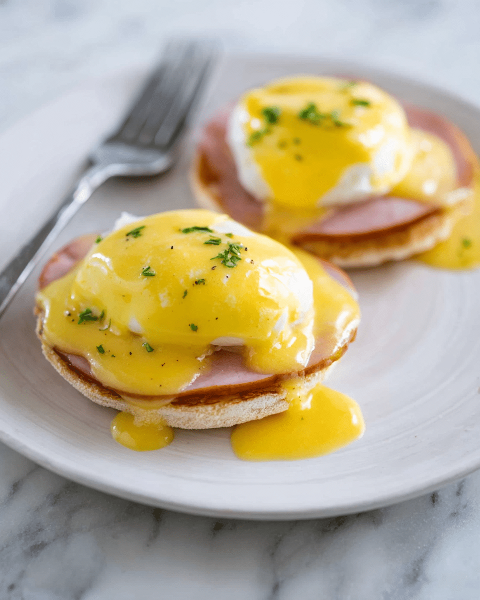 Two eggs Benedict are placed on a white round plate on a white marbled surface. Each serving has a base layer of a lightly toasted English muffin, topped with a slice of pink ham with slightly browned edges. Above the ham, there is a perfectly poached white egg with a smooth, almost shiny texture. The eggs are covered in a rich yellow Hollandaise sauce that drips down the sides, pooling slightly around the base. Small green chive pieces are sprinkled on top for garnish. A silver fork lies behind the eggs on the plate. photo taken with an iphone --ar 4:5 --v 7