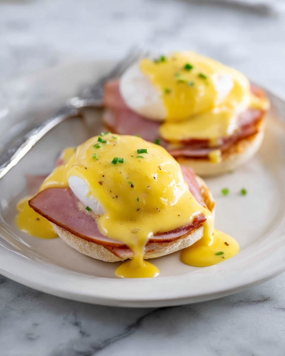 Two eggs benedict are served on a white plate over a white marbled surface. Each piece has three layers: the bottom layer is a toasted English muffin with a golden-brown color and slightly rough texture, the middle layer is a slice of ham with a light pink color and smooth edges, and the top layer is a poached egg covered in bright yellow hollandaise sauce that drips down the sides, with small green herb sprinkles on top. A fork rests on the plate behind the eggs. Photo taken with an iphone --ar 4:5 --v 7