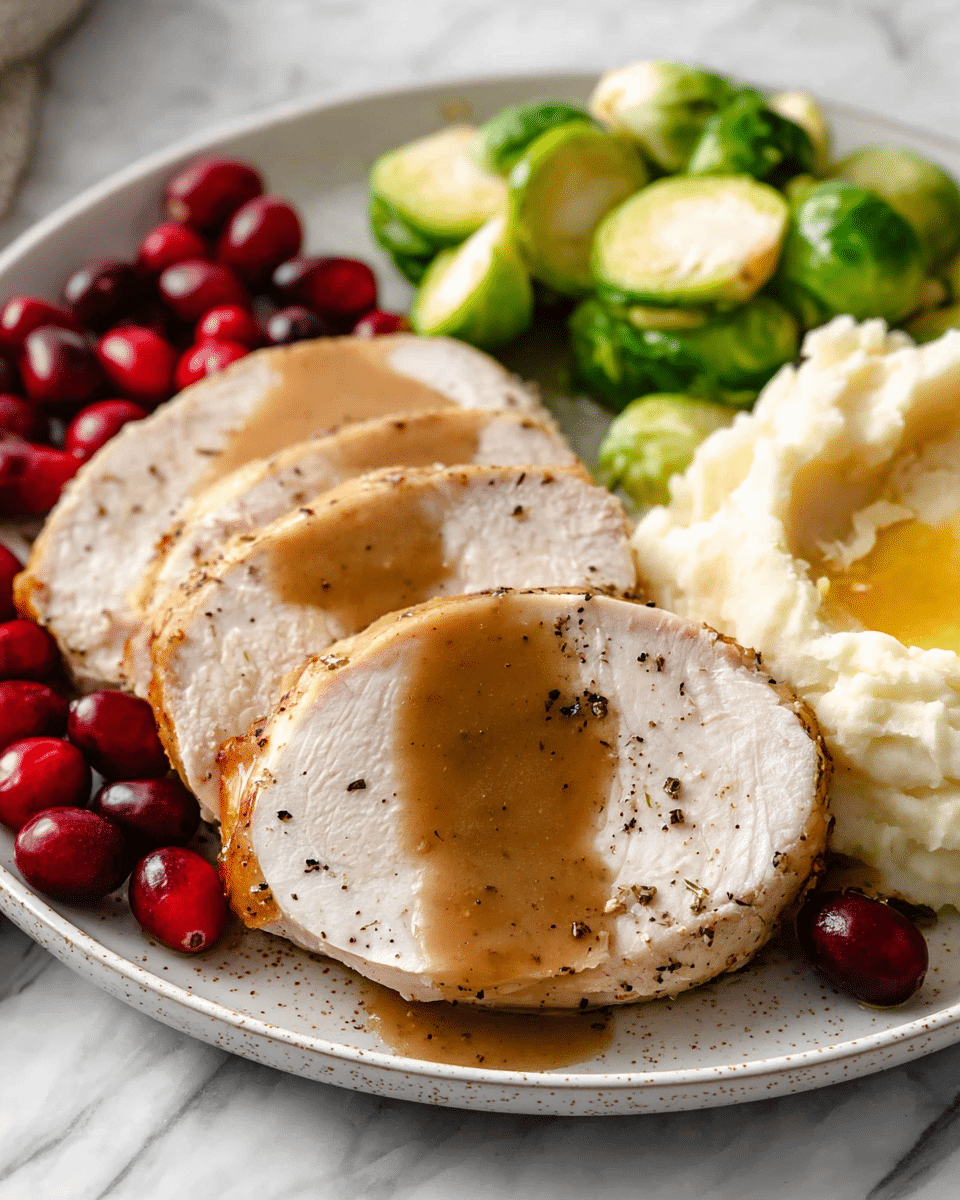 The image shows a white plate with three thick slices of white turkey breast layered slightly over each other, covered in brown gravy with visible black pepper specks. Behind the turkey, on the right side, is a mound of creamy mashed potatoes with a small pool of melted butter on top. On the left side and behind the turkey slices, there are bright green Brussels sprouts, some halved to show their inner layers. Near the front left edge of the plate, there are several whole red cranberries scattered. The plate sits on a white marbled surface. photo taken with an iphone --ar 4:5 --v 7