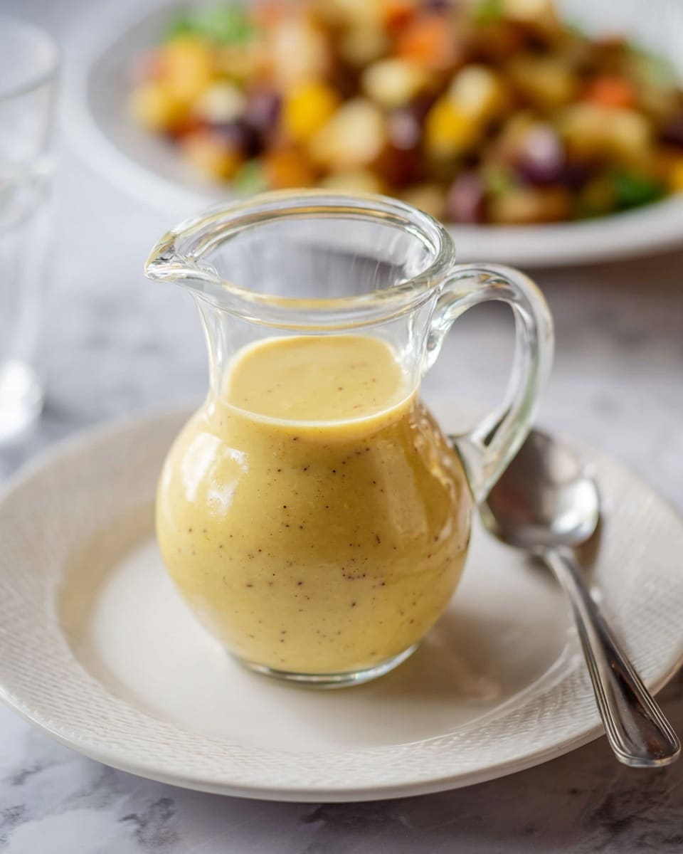 A small clear glass pitcher filled with a thick, light yellow sauce with visible small black and brown specks inside, sitting centered on a white plate with a subtle embossed pattern. The background features a blurred white marbled texture and a white plate filled with a colorful mix of diced potatoes and vegetables in soft focus. A shiny silver spoon is placed on the right side near the plate, all lit by soft, natural light. photo taken with an iphone --ar 4:5 --v 7