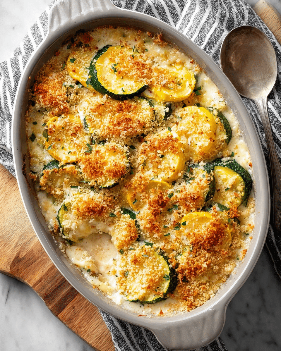 A creamy baked casserole is shown in a white oval dish placed on a white marbled surface with a striped cloth beside it and a large spoon in the background. The casserole has three distinct layers: the bottom layer consists of a soft, white creamy base mixed with rice or grains, the middle layer has thick slices of green and yellow zucchini arranged in rows, some partially covered by the cream, and the top layer is a golden-brown, crispy crumb topping scattered evenly with a rough texture. The edges of the crumb layer are slightly darker, giving a toasted look. Photo taken with an iphone --ar 4:5 --v 7