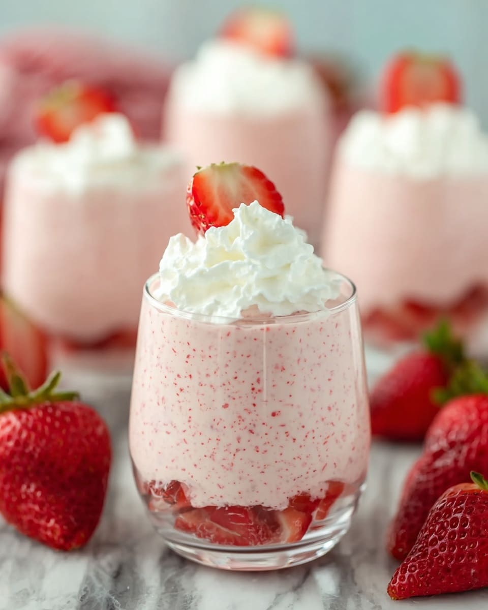A clear glass contains three visible layers: the bottom layer has small pieces of bright red strawberries, the middle layer is a thick, creamy pale pink strawberry mousse with red specks, and the top layer is a large, fluffy white whipped cream dollop. The glass sits on a white marbled surface surrounded by whole and sliced fresh strawberries showing rich red with green tops. In the background, several similar glasses with the same dessert are slightly blurry, creating depth. Photo taken with an iphone --ar 4:5 --v 7