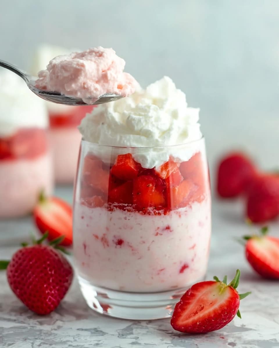 The image shows a clear glass filled with three visible layers of dessert placed on a white marbled surface. The bottom layer is a pale pink creamy mixture with small red fruit bits. Above this is a layer of bright red, small chopped strawberries, adding a fresh and juicy texture. The top layer consists of fluffy white whipped cream with soft peaks. Above the glass is a spoon holding a scoop of the pale pink creamy layer, showing its thick and slightly chunky texture. Fresh whole and halved strawberries lie near the glass. Photo taken with an iphone --ar 4:5 --v 7