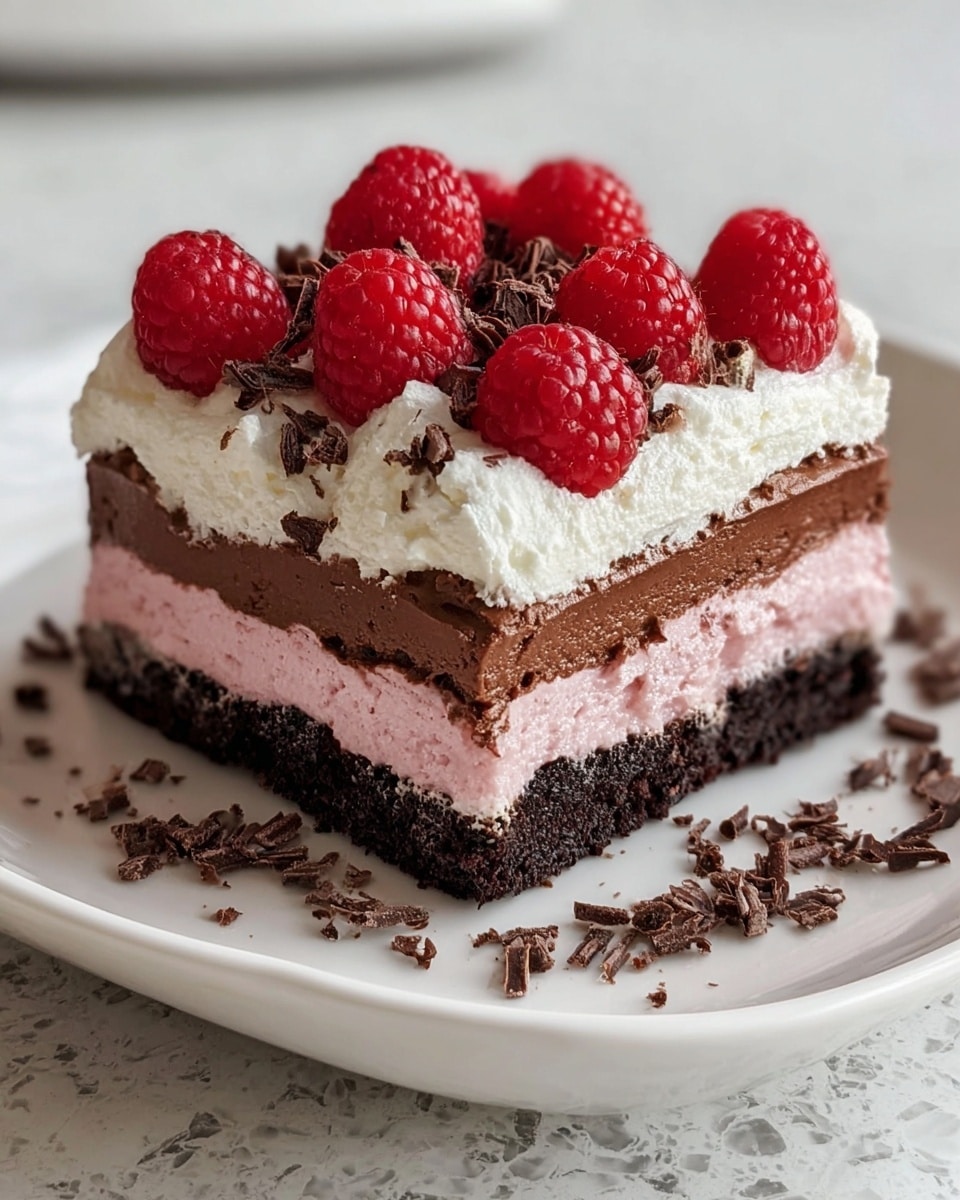 A square dessert bar with four visible layers sits on a white plate against a white marbled texture. The bottom layer is dark brown and crumbly, looking like a chocolate cookie crust. Above it is a smooth, light pink layer that appears creamy. On top of that is a thick, rich dark brown chocolate layer with a slightly glossy texture. The fourth layer is fluffy and white, looking like whipped cream. The dessert is topped with many bright red raspberries and small chocolate shavings scattered over the white cream. Photo taken with an iphone --ar 4:5 --v 7
