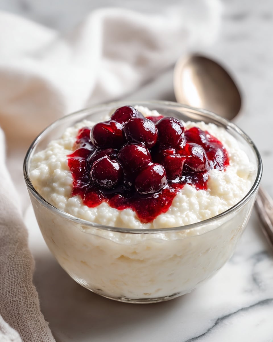 A clear glass bowl holds a creamy white rice pudding with a soft, slightly lumpy texture. On top of the rice pudding, there are four dark red cherries sitting in a small pool of glossy cherry sauce that spreads slightly over the creamy surface. The bowl is placed on a white marbled surface, with part of a silver spoon visible at the bottom left corner, and white fabric around it. The photo taken with an iphone --ar 4:5 --v 7