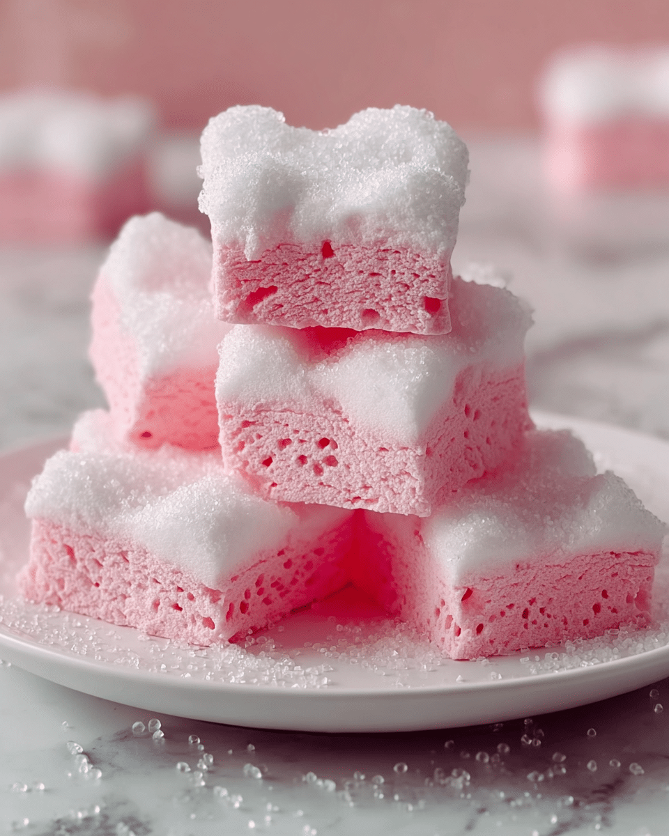 A stack of five light pink marshmallow squares sits on a white plate, each piece showing a fluffy white top layer with a soft, porous pink bottom layer. The marshmallows have rounded edges and a slightly cloud-like texture. Around the base of the stack, there are scattered crystal-like sugar granules that catch the light. The background features a soft pink fabric with blurred shapes, all set on a white marbled surface. photo taken with an iphone --ar 4:5 --v 7