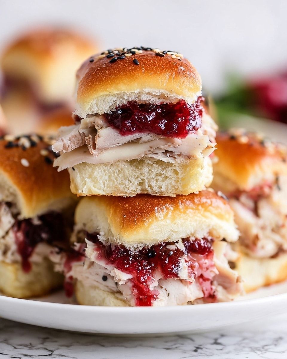 Three small sandwich sliders are stacked on a white plate with a white marbled texture in the background. Each slider has a soft, shiny, brown bun sprinkled with black sesame seeds on top. Inside, there are layers of thick, tender light pink turkey meat, melted white cheese, and bright red cranberry sauce, all visible in each slider. The sandwich layers are dense and juicy, showing the contrast between the smooth cheese, chunky meat, and the textured cranberry. The top slider is the most prominent, with the other two placed neatly underneath. photo taken with an iphone --ar 4:5 --v 7