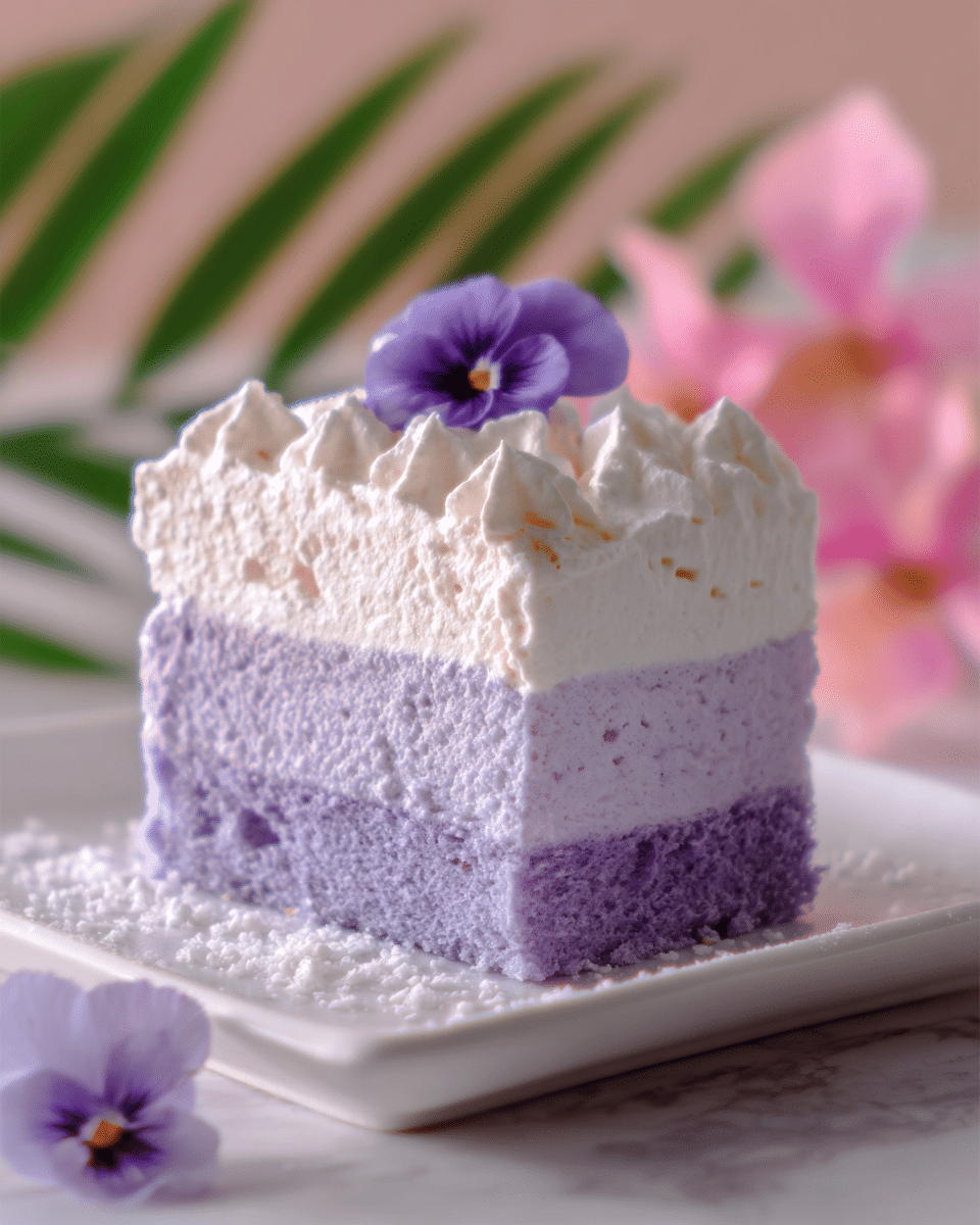 The image shows a slice of cake with three layers placed on a white rectangular plate on a white marbled surface. The bottom and middle layers are fluffy and light purple, with a smooth texture that looks like mousse or whipped cream. The top layer is white whipped cream, thick and soft, decorated with a small purple flower. The overall look is delicate and fresh, with a background that has soft pink and green blurred shapes, adding a gentle, natural feel. Photo taken with an iphone --ar 4:5 --v 7