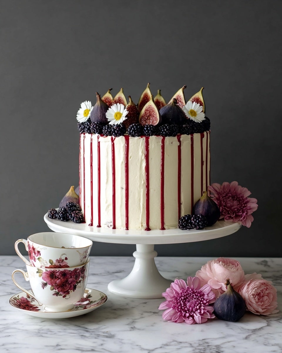 A tall round cake with smooth white cream frosting has thin red syrup dripping down its sides evenly in many lines. The top is decorated with dark purple figs cut in halves and blackberries, mixed with small white daisies with yellow centers. The cake sits on a white cake stand with a wide, flat plate and a single thick stem. Around the base of the cake stand, there are some whole figs, blackberries, and pink flowers lying flat. Next to the stand, there are two white floral teacups with pink and red flowers stacked on a matching white saucer. The whole setup is on a white marbled surface with a plain dark background. Photo taken with an iphone --ar 4:5 --v 7