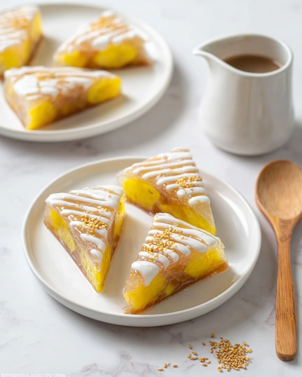 A top-down view of a dark rectangular baking pan filled with a thick, gooey batter that is light brown in color and contains visible specks. The surface is decorated with two rows of evenly spaced, round yellow plantain slices that have a slightly shiny glaze on them. The pan is placed on a white marbled texture with a black grid wire rack underneath it. photo taken with an iphone --ar 4:5 --v 7