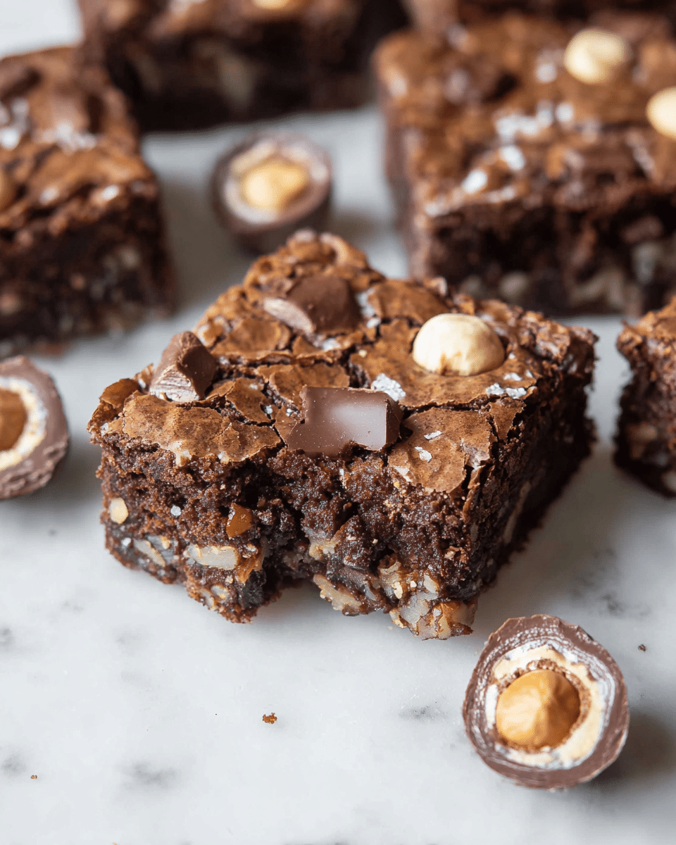 The image shows a close-up of a rich, square-shaped chocolate brownie with a cracked golden-brown top layer studded with melted dark chocolate chunks and small bits of nuts. The middle layer is dense, moist, and dark chocolatey with visible crunchy nut pieces embedded inside. Around the main brownie piece, there are several smaller chunks of chocolate with a creamy filling and whole hazelnuts in the center, all placed on a white marbled surface. Photo taken with an iphone --ar 4:5 --v 7