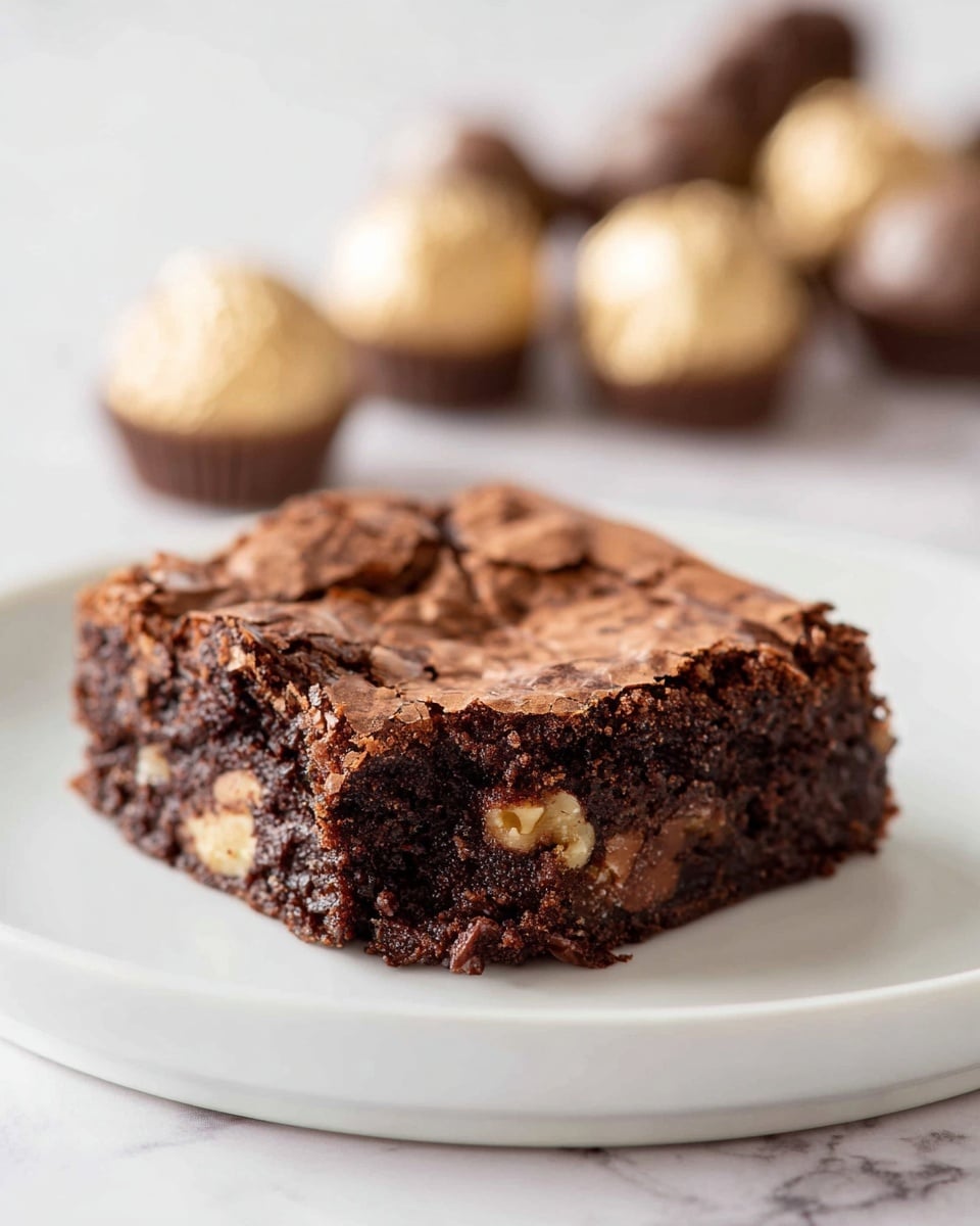 A single square piece of rich, dark brown brownie with a slightly cracked, chewy top layer with visible chunks of chocolate and nuts is placed on a plain white plate. The brownie has a dense and moist texture with small nut bits inside, showing a contrast of dark and light brown shades. In the background on a white marbled surface, there are blurry chocolate candies with creamy fillings, adding depth to the image. photo taken with an iphone --ar 4:5 --v 7