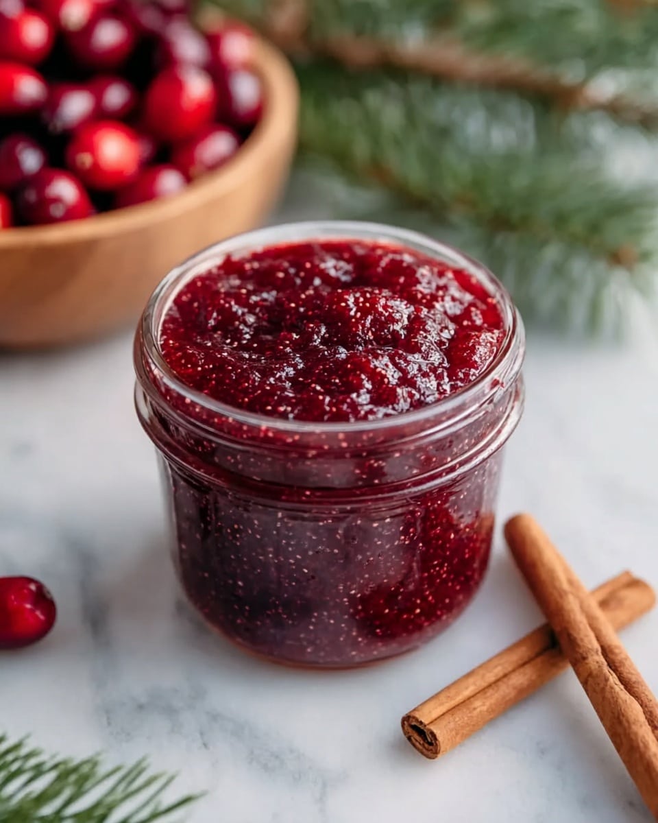 Two glass jars filled with thick, dark red, chunky cranberry sauce, showing a glossy texture with visible bits of fruit. The jars are placed on a white marbled surface. To the left, there is a wooden bowl containing fresh, round, bright red cranberries with a smooth and shiny skin. Below the bowl, two cinnamon sticks with a rough, brown texture lie on the surface. The composition is simple and clean, focusing on the deep red tones of the sauce and berries against the bright white marble. Photo taken with an iphone --ar 4:5 --v 7