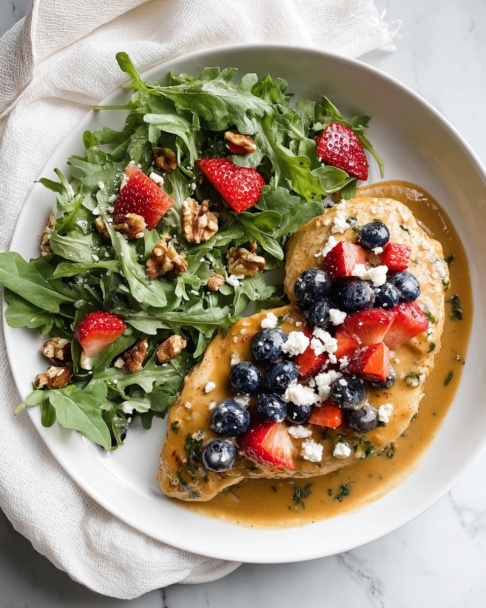 A white plate holds a dish with two main parts: on the right, two pieces of cooked chicken breast covered in a thick light brown sauce with small green herbs mixed in. On top of the chicken is a colorful mix of fresh blueberries and chopped strawberries, along with crumbled white cheese scattered over the fruit. To the left of the chicken is a fresh green salad made of leafy arugula, whole candied walnuts, and small pieces of strawberries and blueberries mixed in. The plate sits on a white marbled surface with a white cloth nearby. photo taken with an iphone --ar 4:5 --v 7