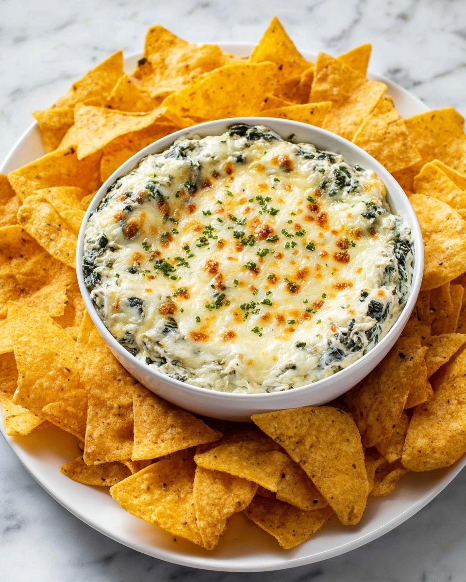 A white bowl filled with creamy spinach dip that has a melted, golden-brown cheese top layer sprinkled lightly with green herbs; beneath the cheese, a thick, textured mix of white cheese and dark green spinach is visible. The bowl sits on a white round plate surrounded by many bright yellow, triangular, crunchy tortilla chips, all placed on a white marbled surface. photo taken with an iphone --ar 4:5 --v 7