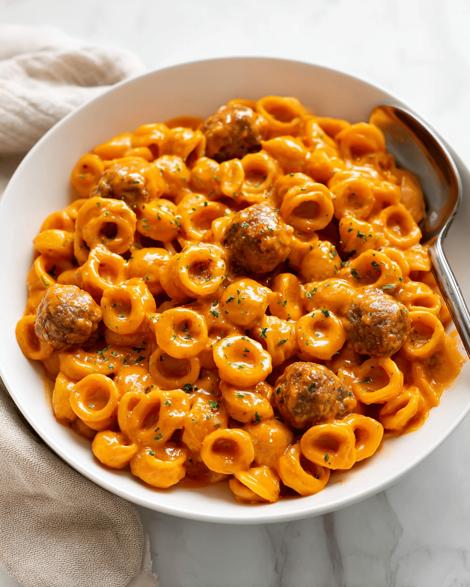 A white bowl filled with round, orange pasta rings covered in a thick, creamy tomato sauce, mixed with small, browned meatballs evenly spread throughout. The pasta has a smooth, slightly glossy texture, and the sauce clings to each ring and meatball, giving a rich look. A metal spoon rests inside the bowl on the right side, partially submerged in the pasta. The bowl is placed on a white marbled surface with a soft beige cloth in the background. photo taken with an iphone --ar 4:5 --v 7