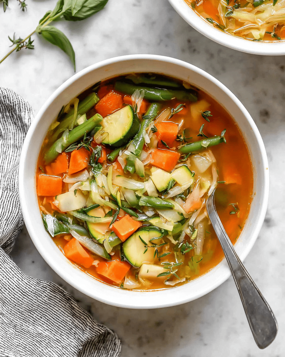 A white bowl filled with clear vegetable soup showing visible layers of bright orange diced carrots, whole green beans, chunks of pale green zucchini, and thin strips of white cabbage floating in a light orange broth. Fresh green herbs, including basil and thyme, are scattered on top, adding a fresh look. A metallic spoon rests inside the bowl on the right side. The bowl sits on a white marbled textured surface with part of a gray striped cloth visible near the bottom left edge. Another white bowl with the same soup is partially visible in the top right corner. photo taken with an iphone --ar 4:5 --v 7