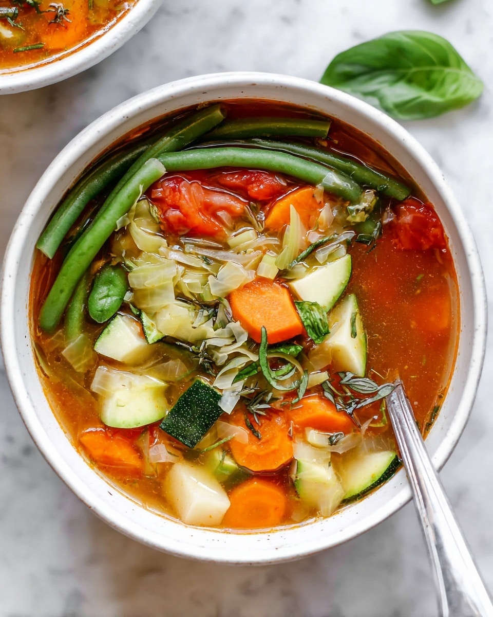 A white bowl filled with clear vegetable soup on a white marbled surface holds layers of vibrant vegetables. The top layer shows whole green beans and fresh green basil leaves, followed by diced bright orange carrots, pale green zucchini cubes, and shredded light green cabbage pieces beneath. The broth is clear and reddish-orange with herbs sprinkled throughout. A silver spoon rests inside the bowl, partially submerged in the soup near the right side. Photo taken with an iphone --ar 4:5 --v 7