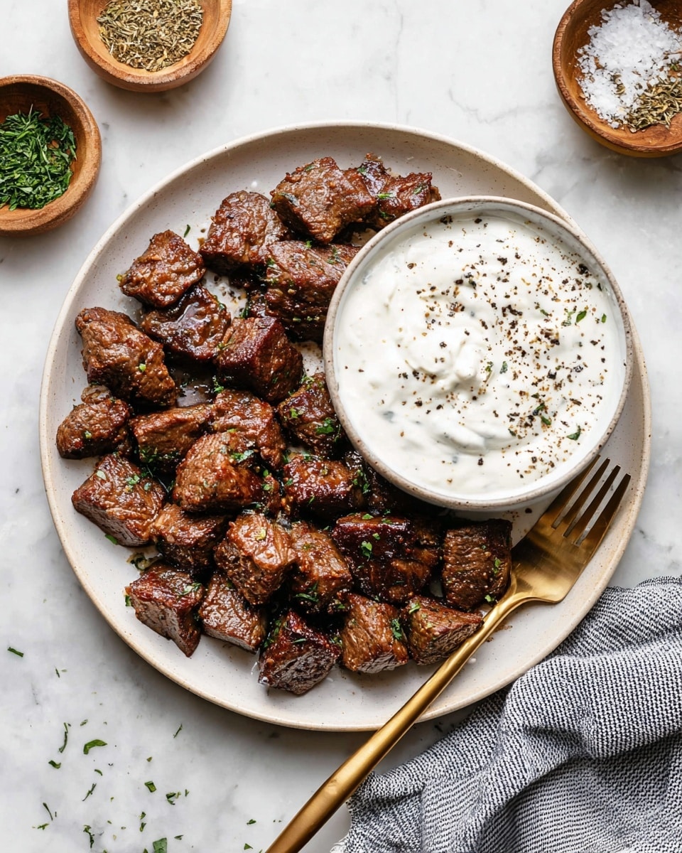 The image shows a white round plate with two main parts: on the left side, there are many small brown pieces of cooked meat with a slightly shiny, crispy texture, sprinkled with small green herb bits. On the right side of the plate, there is a white bowl containing a thick white sauce with a creamy texture, topped with black pepper and green herb bits. A golden fork rests on the left edge of the plate. The plate sits on a white marbled surface, and there are small bowls with herbs and spices around, along with a gray-striped cloth on the right side. photo taken with an iphone --ar 4:5 --v 7
