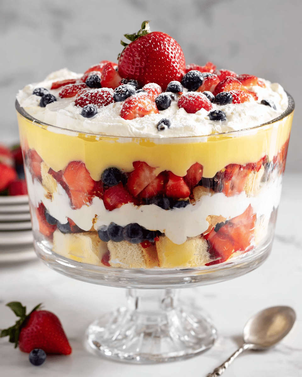 A tall glass trifle bowl shows a layered dessert with at least five visible layers, starting from the bottom: a yellow creamy custard layer, followed by a layer of sliced red strawberries and whole blueberries, then a thick white whipped cream layer with pieces of cake or biscuit, another custard layer, and topped with a thick white whipped cream layer decorated with halved strawberries and scattered whole blueberries, crowned by a single whole strawberry in the center. The glass bowl sits on a white marbled surface with a soft light background. photo taken with an iphone --ar 4:5 --v 7