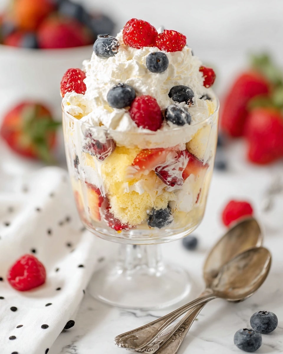 The dessert is served in a clear glass cup with a short stem, showing multiple layers. The bottom layer is light yellow cake pieces mixed with white whipped cream and scattered slices of bright red strawberries. Above this, there are layers of white whipped cream dotted with whole blueberries and raspberries. The top is full of fluffy white whipped cream with fresh whole raspberries, blueberries, and strawberry halves as garnish. The glass sits on a white marbled surface with loose berries and two old silver spoons resting on a white cloth with black dots nearby. The overall look is fresh, colorful, and creamy. photo taken with an iphone --ar 4:5 --v 7