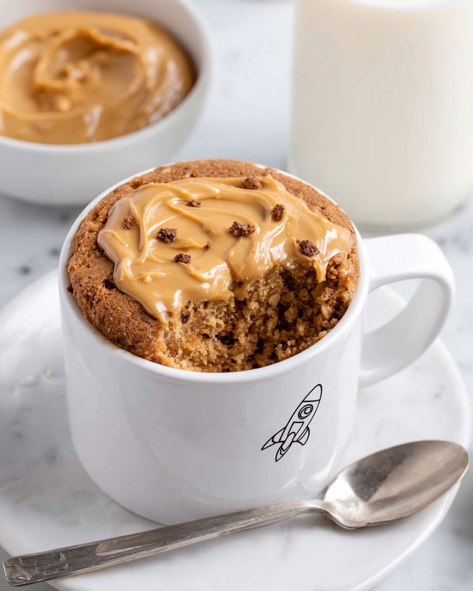A white mug with a small rocket drawing on the side holds a baked dessert with two layers visible: the bottom layer is a soft, crumbly, brown baked cake filling the mug, and the top layer is a smooth, shiny, light brown peanut butter spread unevenly over the surface. The mug sits on a white marbled plate with a silver spoon resting next to it. In the background, there is a bowl filled with creamy peanut butter and a tall glass of milk, all placed on a white marbled surface. Photo taken with an iphone --ar 4:5 --v 7