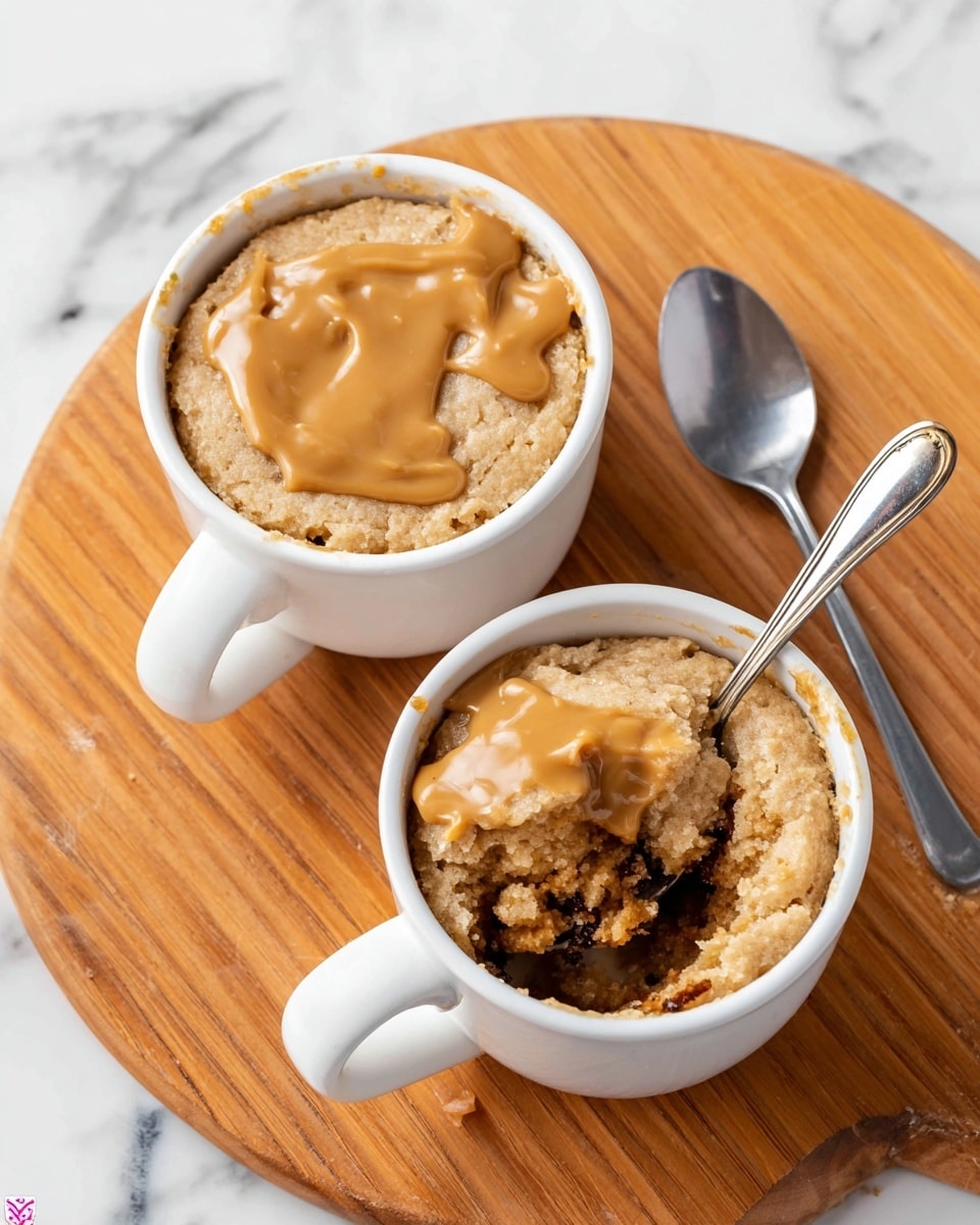 Two white mugs sit on a round wooden board, each filled with a soft, crumbly dessert that is light brown with a slightly cracked texture on top. One mug shows a smooth, creamy caramel-like sauce drizzled unevenly over the dessert’s surface. The other mug has a spoon scooping out a chunk, revealing the moist, dense interior that is a warm golden color with some syrupy spots. A silver spoon rests on the wooden board near the top right mug. The background is a white marbled surface visible around the board. photo taken with an iphone --ar 4:5 --v 7
