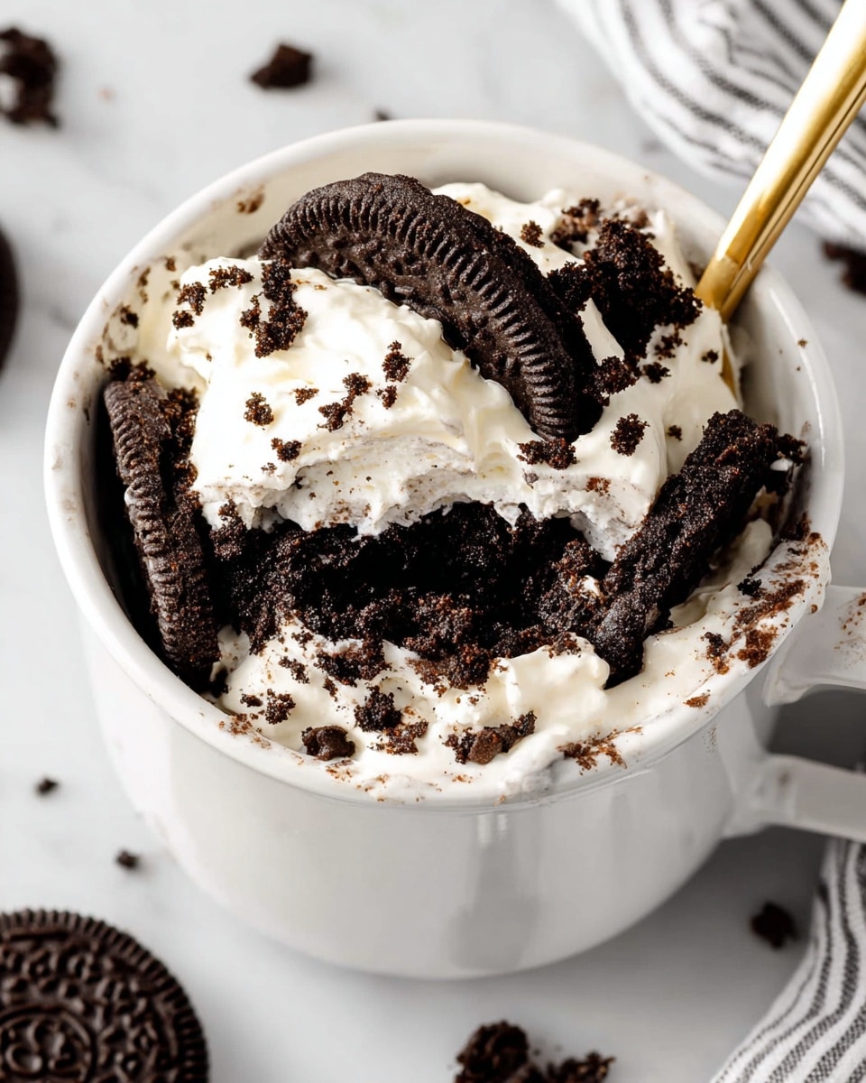 A white mug filled with multiple layers starting from the bottom of dark chocolate crumbs that are dense and slightly moist, topped with a thick layer of creamy white whipped cream that looks soft and fluffy. Scattered generously on top are broken pieces of dark chocolate sandwich cookies with a textured, crumbly surface, adding contrast and richness. A gold spoon is placed inside the mug, partly covered by the whipped cream and cookie pieces. The whole setup is on a white marbled surface with some cookie crumbs around. photo taken with an iphone --ar 4:5 --v 7