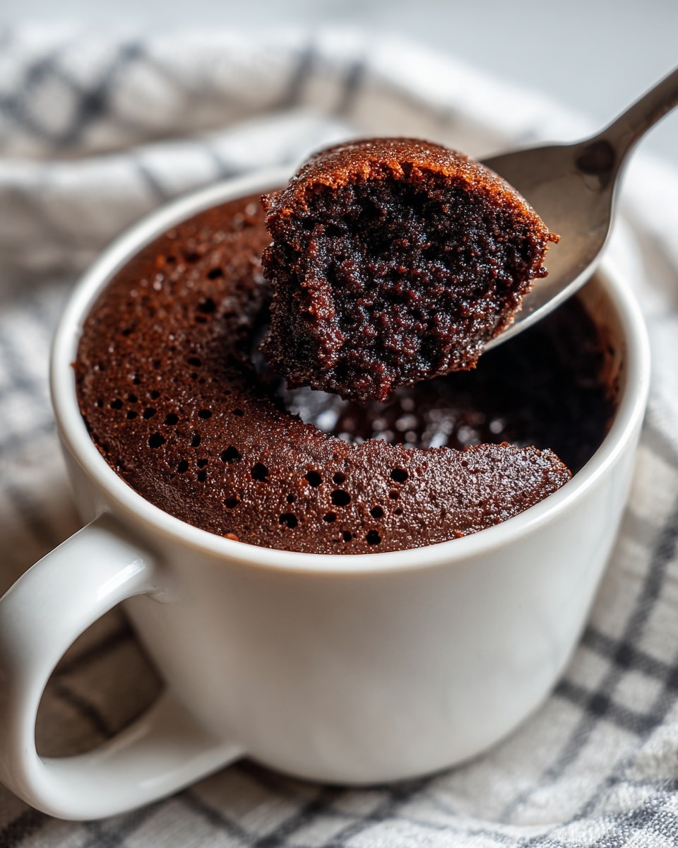 A thick, moist chocolate cake with a crumbly texture is shown inside a white mug. The spoon holds a generous scoop of the cake topped with a smooth, glossy layer of melted chocolate that looks rich and creamy. The mug's white interior contrasts with the deep brown hues of the cake and chocolate, with some bits of cake clinging to the mug's sides. The background is a white marbled texture, and a blurred white mug with writing is visible behind. photo taken with an iphone --ar 4:5 --v 7