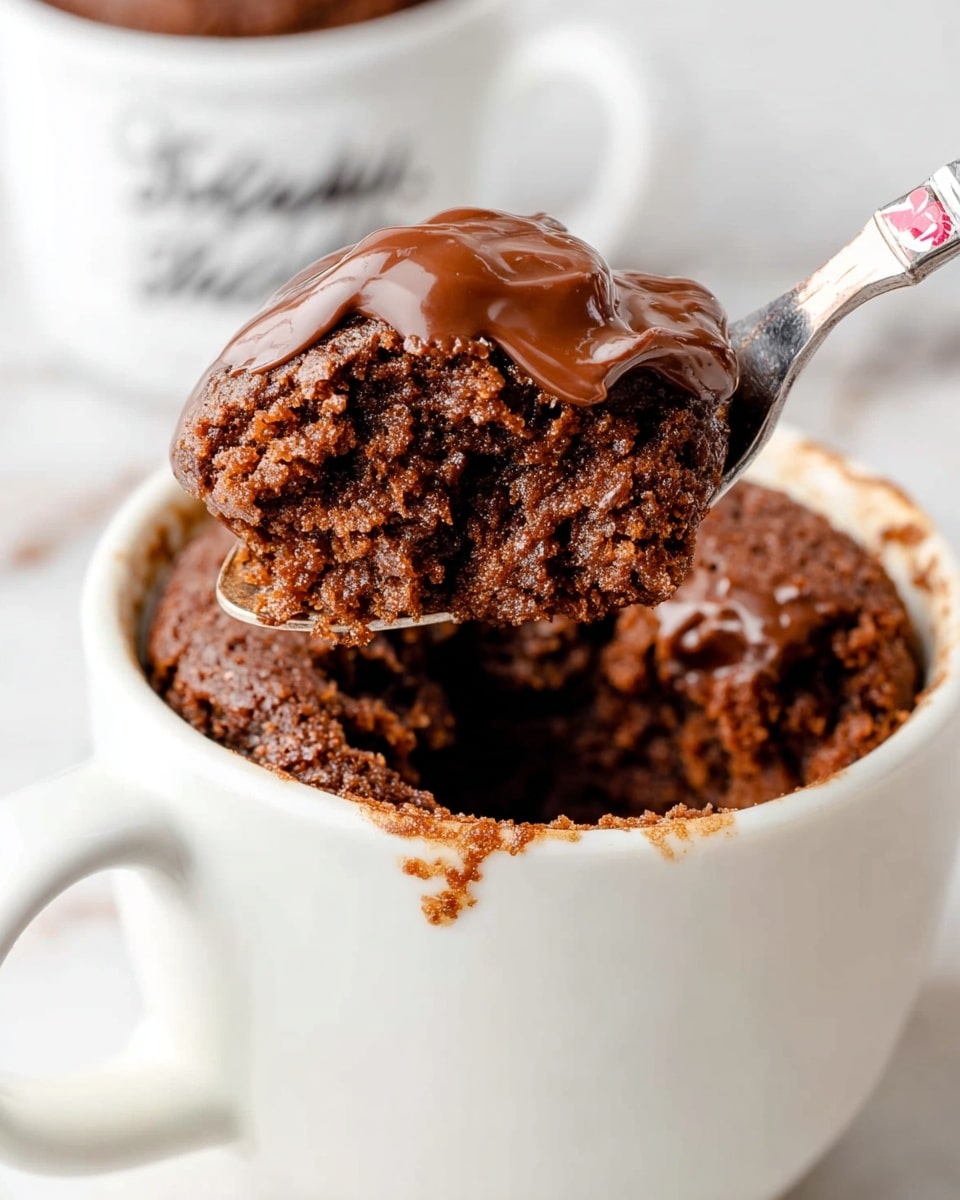 A close-up view of a thick, dark brown chocolate cake served inside a white mug, showing a dense and moist texture with tiny air holes. A silver spoon is lifting a portion of the cake from the mug, revealing the rich, spongy interior with a slightly glossy surface. The mug is placed on a checkered cloth with a white marbled texture underneath, adding a soft contrast to the dark cake. Photo taken with an iphone --ar 4:5 --v 7