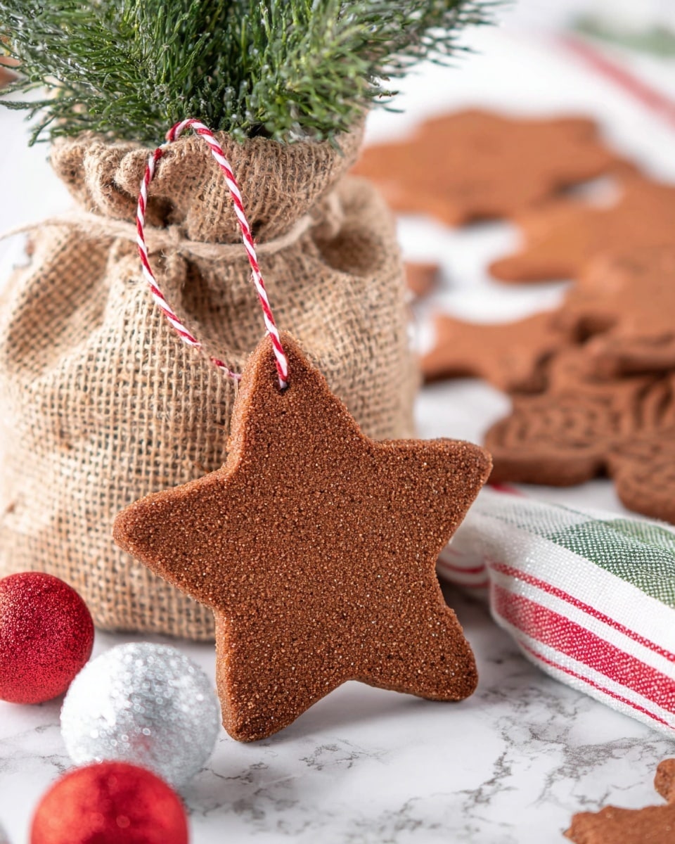 The image shows a close-up of a star-shaped brown gingerbread cookie with a red and white striped string threaded through a hole near the top, sitting on a white marbled surface. Behind the cookie, there is a small plant wrapped in a loosely woven burlap sack tied with twine, with green pine branches visible above the burlap. To the right, a rolled white cloth with red and green stripes adds texture, and further back there are more gingerbread cookies with carved designs, partially visible. In front of the cookie, two small glittery Christmas ornaments, one silver and one red, add a festive touch. Photo taken with an iphone --ar 4:5 --v 7