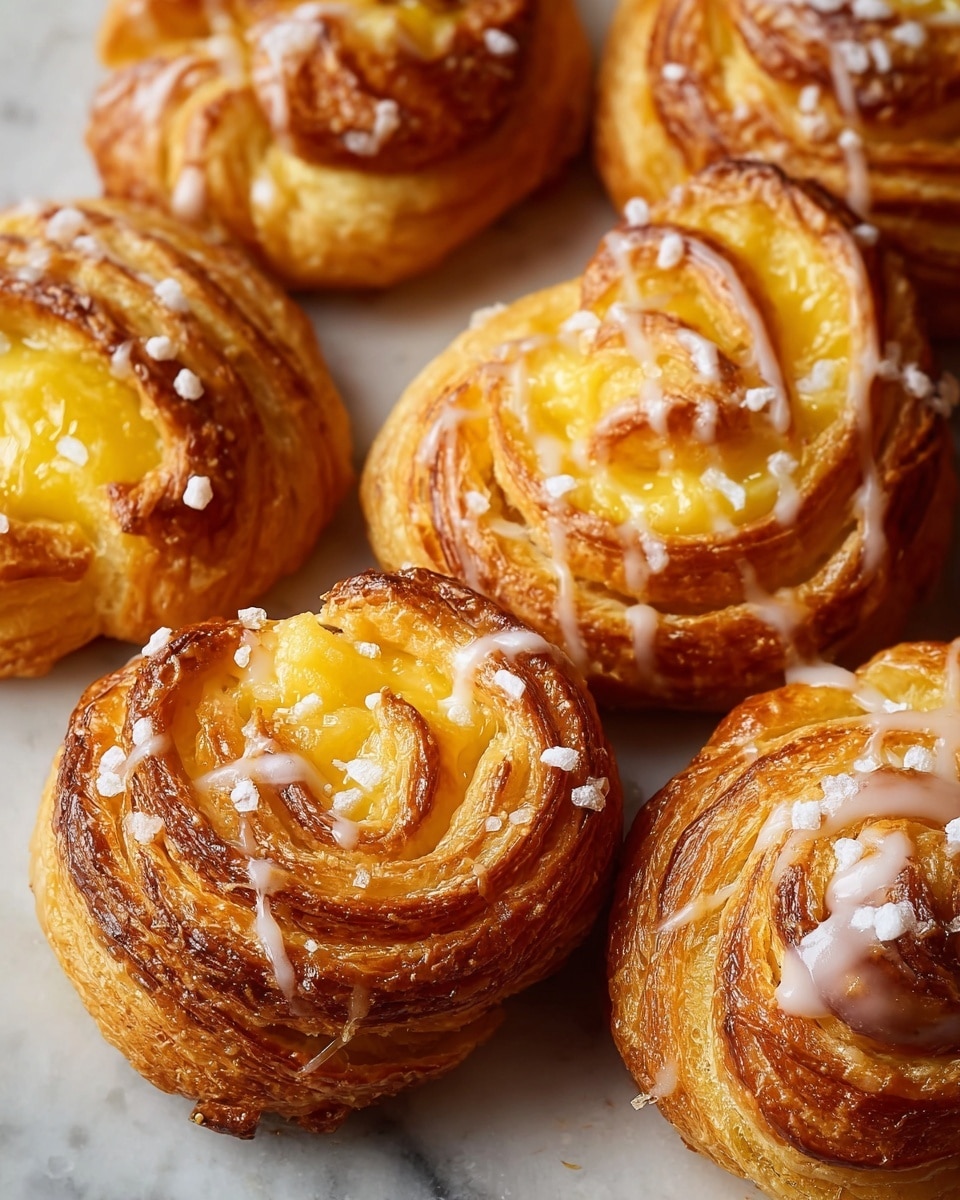 The image shows several swirl-shaped pastries that have a golden-brown crisp crust with visible layers of flaky dough. Each pastry has a rich yellow filling that looks creamy and glossy, peeking through the spirals. Some of the pastries are topped with coarse white sugar crystals, while others have a light drizzle of white icing on top. The pastries are arranged closely together on a surface with a white marbled texture. photo taken with an iphone --ar 4:5 --v 7